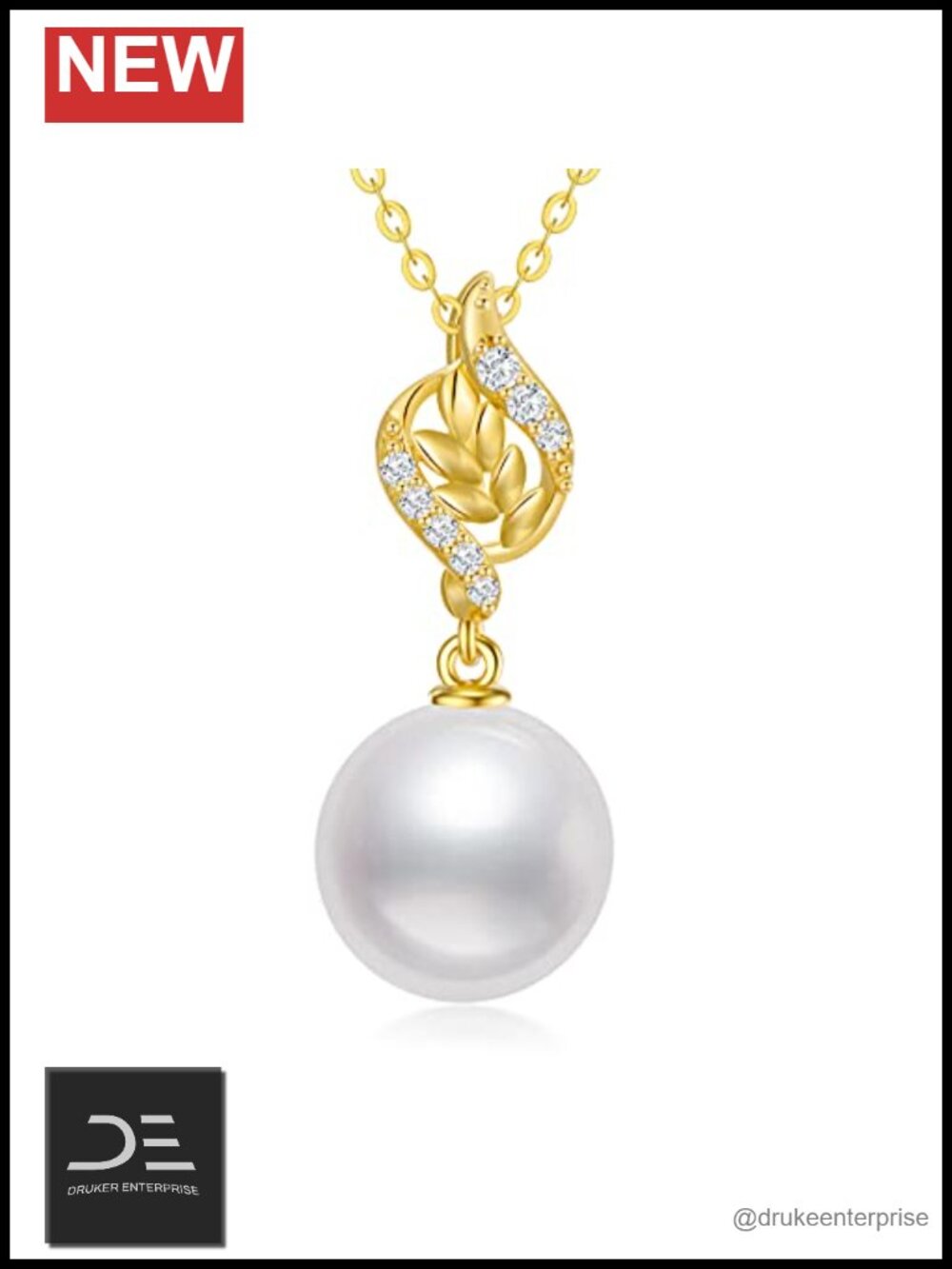 14k Gold Pearl Necklace for Women, Diamond Leaves Pendant Birthday Gift